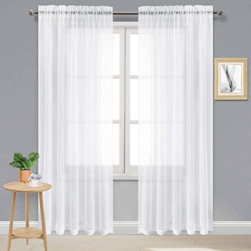 DWCN 60 Inch Wide White Sheer Curtains 96 Inch Long Rod Pocket 2 Panels