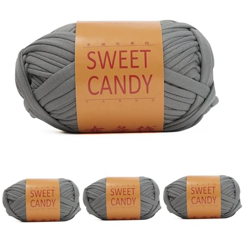 Yixinly 400g Trapillo para Crochet, Trapillo Pluma Trapillo Hilo de Crochet para Bolsos, DIY y Tejido, Bolso de Mano Cestas, Mantas y Decoración del Hogar 4x100g (Gris)