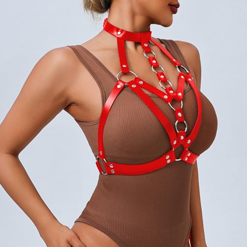 Image of Punk Black & Burgundy Red Leather Chest Harness, Adjustable Strap Body Belt, Goth Lingerie, Club Caged Bra, Rave Accessories