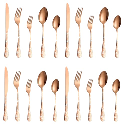 Image of aDai Rosegold Silverware Set | Satin Finish 20-Piece Flatware Set with Unique Floral Printed Handle | Dishwasher Safe Stainless Steel Cutlery for Home, Restaurant & Gifting