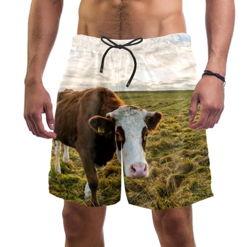 Short de bain homme confortable et léger motif imprimé l'herbe et la vache