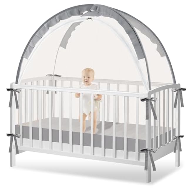 Crib Tent to Keep Baby from Climbing Out - Crib Net to Keep Baby in - Pop Up Breathable Cribs Cover - Canopy with Upgrade Strong Mesh and Durable Zipper (Grey, Lager)