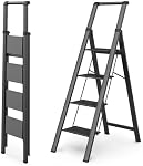 WOA WOA Folding 4 Step Ladder with Anti-Slip Pedal, Folding Step Stool with Handgrip, Portable Lightweight Aluminum Stepladder for Home, Kitchen, Library (136 kg Capacity) - Black