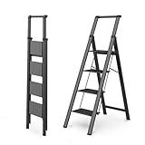 WOA WOA 4 Step Ladder, Ladders for Home, Anti-Slip Aluminum Pedals, Step Stool Foldable, Lightweight to Move, Ease of Storage, Reach 9ft for Closet Kitchen Library, Hold 300lbs - Black