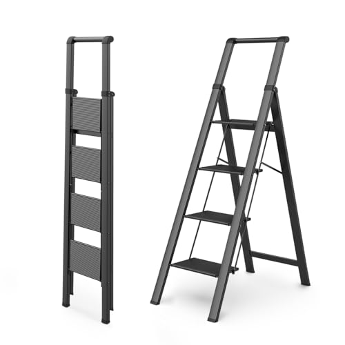 WOA WOA 4 Step Ladder, Ladders for Home, Anti-Slip Aluminum Pedals, Step Stool Foldable, Lightweight to Move, Ease of Storage, Reach 9ft for Closet Kitchen Library, Hold 300lbs - Black