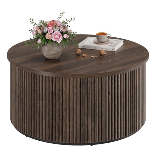 FATORRI Round Coffee Table, Fluted Woodern Center Table with Storage,