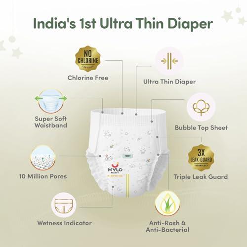 Image of Mylo Baby AirPrime Premium Diaper Pants Medium (M) Size (7-12 kgs) (26 Count) Leak Proof | Ultra-Thin & Breathable | Up to 12 Hours Protection | No Rashes (26 Count, Pack of 2)