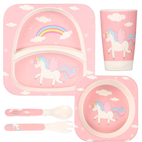 POLKA TOTS Kids Eco-Friendly Crockery Dinner Set Bamboo Fibre Dinnerware Toddler Self Feeding Baby Utensil Set of 5 pc (Unicorn)