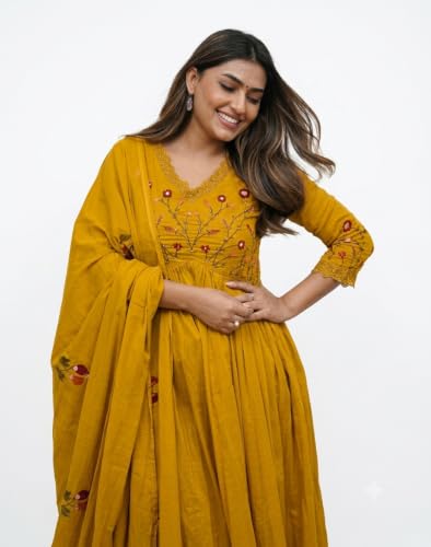 Image of KANCHAN TRADERS Women's Cotton Round Neck 3 /4 Sleeve Chikankari Embroidered Printed Kurta Palazzo with Dupatta Set
