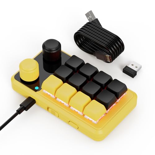 Teclado macro programable tri-mode con conexión USB Bluetooth y 2.4G en color negro y amarillo