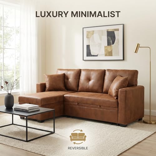 Image of 71 inch Brown Convertible Sofa Bed, L-Shaped Pull Out Couch with Storage Chaise | TYBOATLE, Sleeper Sofa Bed, Pull Out Couch Bed, Reversible Storage Chaise, Linen Fabric, Living Room, Apartment, Guest Room