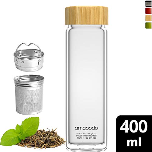 Amapodo - Botella de té con colador (cristal de doble pared, 400 ml), vidrio madera, # 1 botella de té de cristal con colador y tapa de bambú., 400 ml