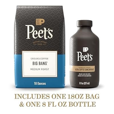 Bundle of Peet's Coffee, Ultra Coffee Concentrate, Cold Brew, or Iced Coffee - Espresso Forte, 8 Fluid Ounce Bottle (16 Servings) + Peet's Coffee, Medium Roast Ground Coffee - Big Bang 18 Ounce Bag