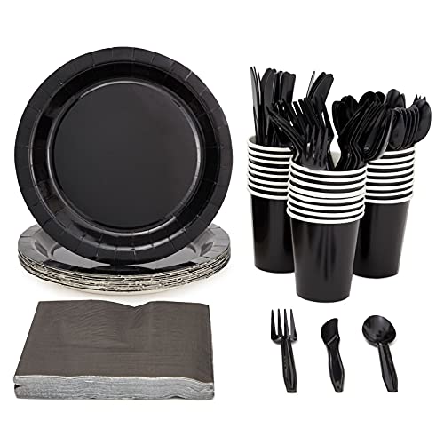 Black Party Supplies, Paper Plates, Plastic Cutlery, Cups, and Napkins (Serves 24, 144 Pieces)