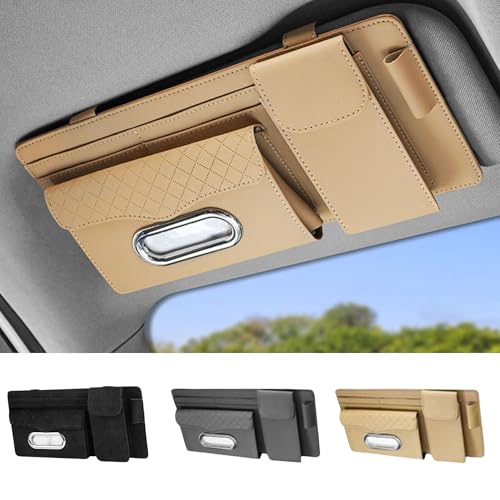 Image of DETACHI Car Sun Visor Organizer with Tissue Paper, Sunglass Pen Card Small Document Storage Pouch & PhoneHolder, Leatherette, Multi-Pocket with Zipper Net-(Beige, 18X3X37CM)