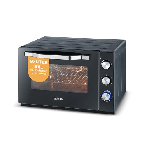 SEVERIN XXL Back- und Toastofen mit Umluftfunktion, inklusive Grillrost, Backblech, Drehspieß und Pizzastein, vielseitiger Heißluftofen mit 60 L Kapazität, 2.200 W, schwarz, TO 2073