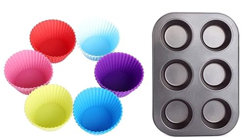 ECVV 6 Slot Muffins Tray with 6 Pcs Paper Cake Cup Liners | Cupcake Cases | Round Shape Baking Cups | Reusable Silicone | for Handmade Soap Biscuit Chocolate | Random Color |