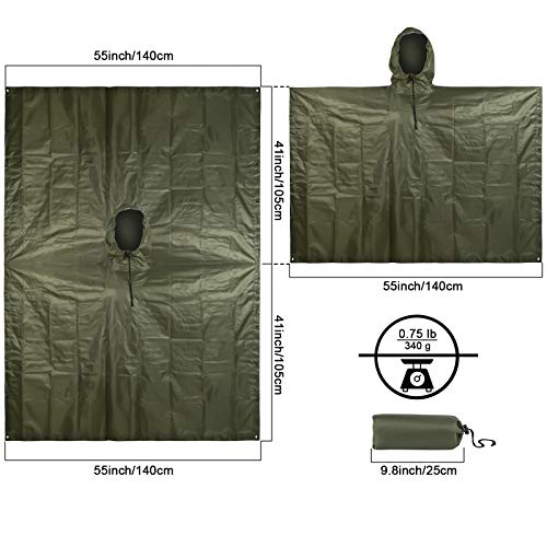 Fousam Camo Poncho, Waterproof Ripstop Hooded Raincoat Lightweight Packable Rain Cover for Hunting Camping Backpacking Emergency Tent Shelter Army Green