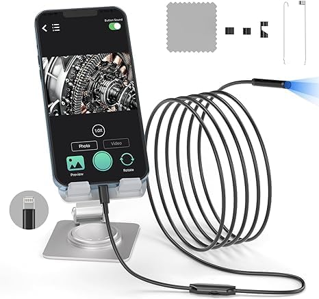 Endoscope Camera with Lights, 8mm Slim Probe Borescope Inspection Camera, 9.8ft Semi-Rigid Cable, IP67 Waterproof Snake Camera for iOS Device,Gadget for Men