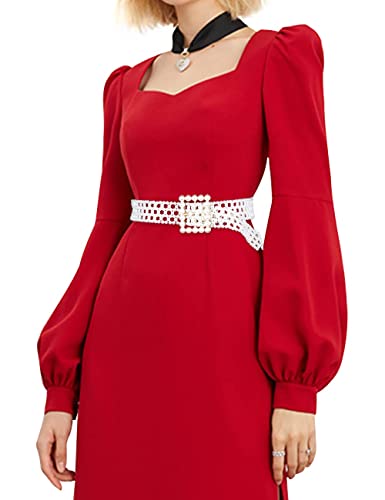 Barry.wang Wide Belt For Women Fashion Wedding Sash Dress Pearls Belt Square Buckle Elastic Waist Chain #TOP1