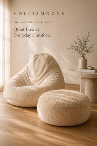Image of Mollismoons Lounge Set | Luxury Faux Fur Bean Bag Chair + Round Floor Cushion | Ultra Soft Washable Cover Only (Without Beans) Signature Collection (Beige, Lounge Set)