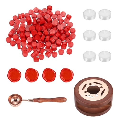 PATIKIL Wax Seal Kit, 150 Pcs Wax Sealing Beads, Wooden Warmer, Melted Spoon, 6 Pcs Tealight Candles for Envelope Letter Mailing Crafts DIY, Red