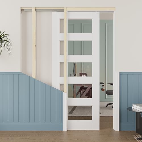 Image of 32 inch x 80 inch 5-Lite Clear Glass Pocket Door, Soft-Close Sliding Pocket Door with Frame & Hardware Kit Set, Primed All-Inclusive Interior Door Slab for Home, White, Need to Assemble