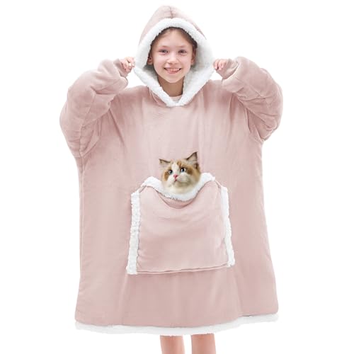 JOYWOO Pink Kids Wearable Blanket Hoodie,Oversized Cat lovers Hoodie Blanket for kids & Teens,Birthday Gifts for Girl Boys,Warm Cozy Fuzzy Sherpa Fleece Blanket with Giant Pocket Gifts,Dusty Pink
