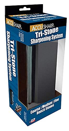 Accusharp Stone Knife & Tool Sharpening System - Tri-Stone Knife Sharpener Kit With Mountable Rubber-Grip Base - Quickly Sharpens, Restores, Repairs & Hones All Tools, Blades & Knives #TOP4