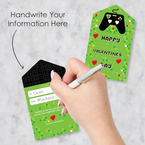 Image of Big Dot of Happiness Game Zone - Pixel Video Game Cards for Kids - Happy Valentine's Day Pull Tabs - Set of 12