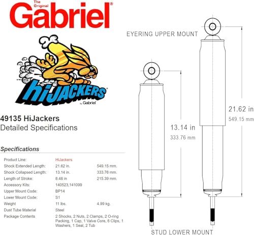 Image of Gabriel 49135 HiJackers Rear Adjustable Air Shock Absorbers Fits Chevrolet Camaro; Ford Country Squire, Courier Sedan Delivery, Del Rio Wagon, Ranch Wagon, Skyliner; Pontiac Firebird (1 Pair)
