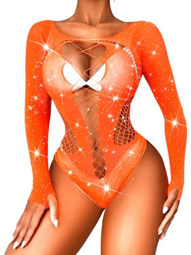 Kaei&Shi Rave Outfits For Women, Rhinestone Bodysuit Fits 0-16, Exotic Dancer Sexy Tops, Fishnet Stripper Plus Size Lingerie,Neon Orange