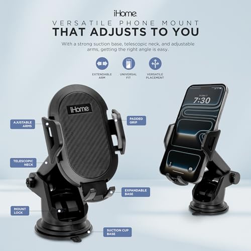 Image of iHome Car Mount, Dashboard /Windshield /Vent Mount, Swivel Neck, Silicone Grip, Adjustable Mount Arm with Suction Cup Base (Extendable Car Mount)