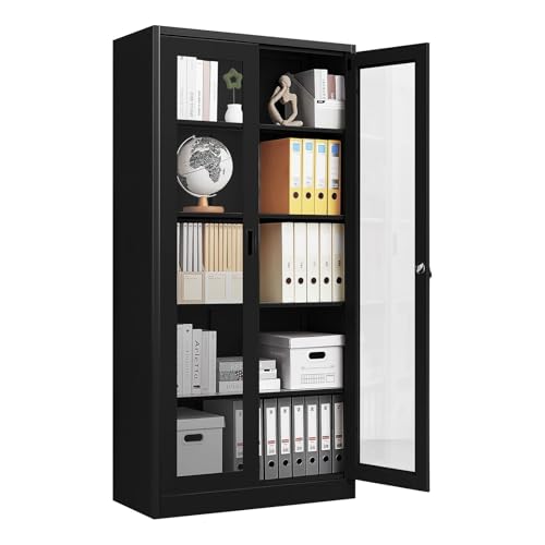 Steel File Locker Cabinet with Tempered Glass Door Metal Display Filling Storage Lockable Cupboard with 5 Adjustable Shelves for Office Garage Stationary Black 185cm