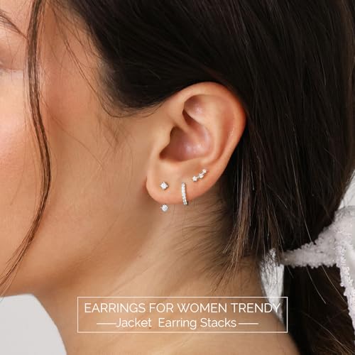 JUNVirtuous 925 Sterling Silver Earrings for Women Hypoallergenic 3 Pair Cubic Zirconia Small Silver Hoop Stud Earrings Sets for Multiple Piercing Stacks Plated Dainty Huggiu Earings Jewelry3
