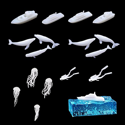 NA Woohome 16pcs 3D Epoxy Silicone Molds for Jewelry Casting Mini Cruise Ship Whale Jellyfish, White-diver
