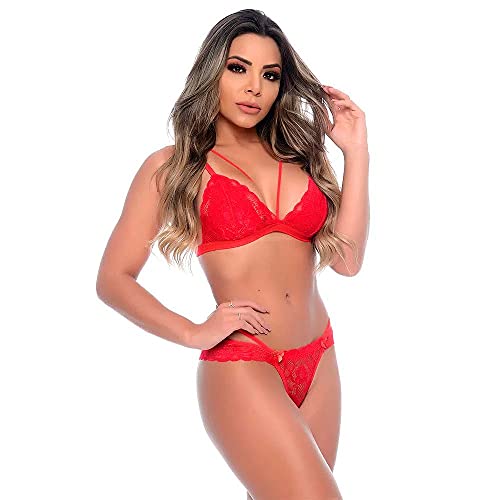 LINGERIE PATITEX - Conjunto Com Strappy Delicado Em Renda Vermelho Tamanho M REF:837