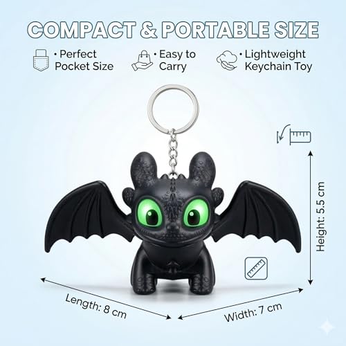 Image of Premium Black Mini Dragon Keychain with LED Glowing Green Eyes - Cute Fantasy Action Figure Bag Charm, Backpack Accessory & Light-Up Keyring Toy Gift for Kids and Adults