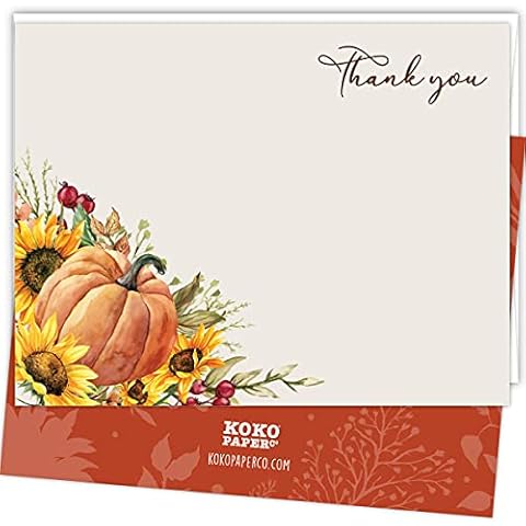 Koko Paper Co Fall Thank You Cards with Pumpkin and Sunflowers | 25 Flat Cards and 25 Bright White Envelopes | Printed on Heavy Card Stock Cover