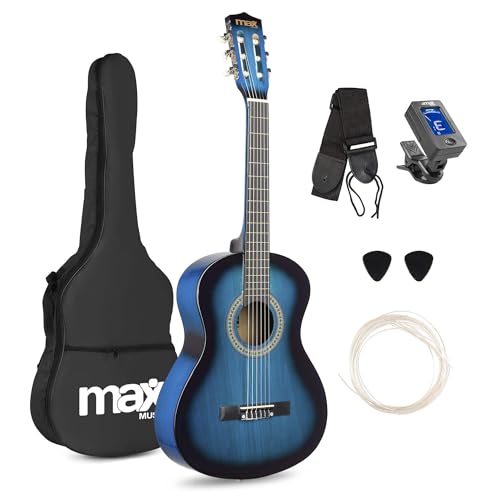 MAX SoloArt Junior guitarra acústica clásica infantil 3/4 para principiantes de 8 a 12 años, cuerdas de nailon, madera de tilo, set con funda, afinador, correa, púas y cuerdas extra