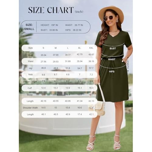 HUSKARY Women Summer Casual Midi Dresses Short Sleeve V Neck Drawstring Knee Length T Shirt Dress with Split and Pocket Army Green Small
