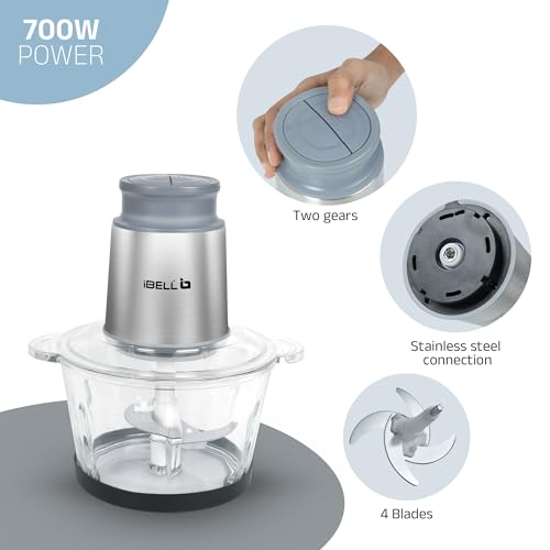 Image of IBELL MT200GM Electric Chopper, 2-Yr Warranty, 2 Litre Glass Bowl, 700W, Multi Purpose for Cutting Slicing Meat, Vegetables, Nuts & Fruits (Silver)