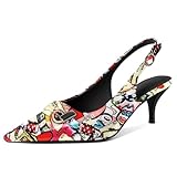 YODEKS Sling Back Heels Women Low Heels Closed Pointed Toe Kitten Heels Pumps Buckle Shoes 2.5' for Party Dress Multicolored US Size 7.5
