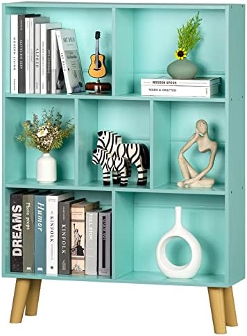 7 Cube Bookshelf 3-Tier Bookcase with Legs, Mint-Green Kids Book Shelf Cute Storage Organizer, Free Standing Open Toy Shelves Modern Bookshelves,Wood Display Bookcases for Bedroom,Living Room,Nursery