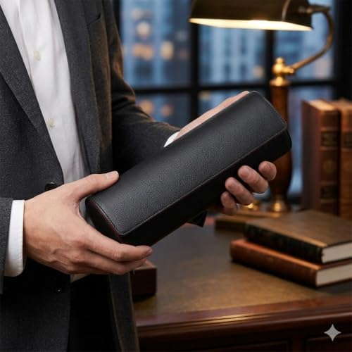 Image of essart 5-Slot Watch Roll Travel Organizer - Premium PU Leather Watch Storage Case, Portable Travel Watch Roll for Men & Women, & Gift Box