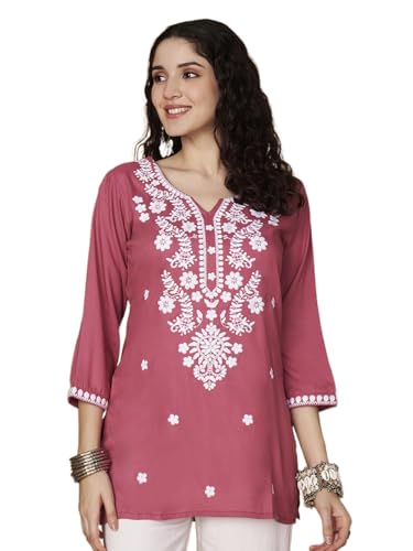 Image of Short Kurti for Women for Jeans, Chikankari Kurtis for Ladies, Lakhnavi V- Neck Women's Tunic Design Kurta, Floral Kurtas & Tunics for Woman