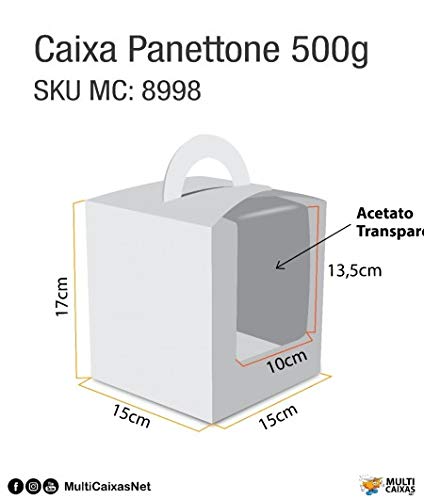 Caixa Panetone 500 gramas c/visor e alça (15 x 15 x 17 cm) Feliz Natal - 50 unidades