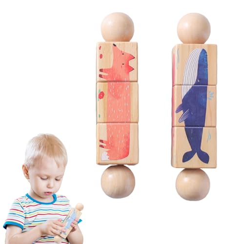 Image of Wooden Animal Puzzle Toy for Toddlers 1-3, Rotating Spin Twist Blocks Set of 2, Learning Educational Montessori Toy Gifts for Kids Boys Girls, Whale and Fox