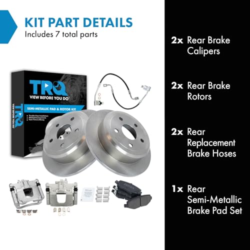 Image of TRQ Rear Brake Pad and Rotor Set Semi Metallic Rotors Calipers Compatible with 2008-2012 Jeep Wrangler