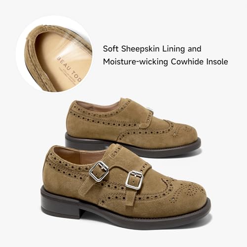 Image of BEAU TODAY Womens Leather Loafers, Monk Platform Loafer Shoes | Cowhide, Brogue Wingtip, Slip-on, Chunky Heel, Comfortable, Non-slip Durable, Business Casual Office Dress Shoes